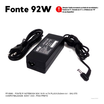 FF-5063 Fonte P/ Notebook 90W 19V - 4.74A Plug7,4x5,0
