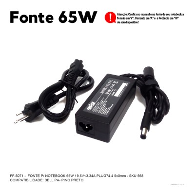 FF-5071 Fonte P/ Notebook 65W 19.5V - 3.34A Plug7,4x5,0