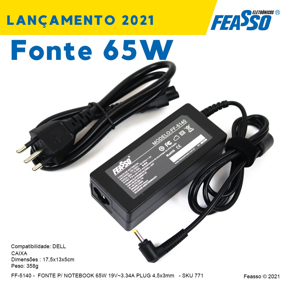 FF-5140 - FONTE  P/ NOTEBOOK 65W 20V 3.25A PLUG4,0X1.7 