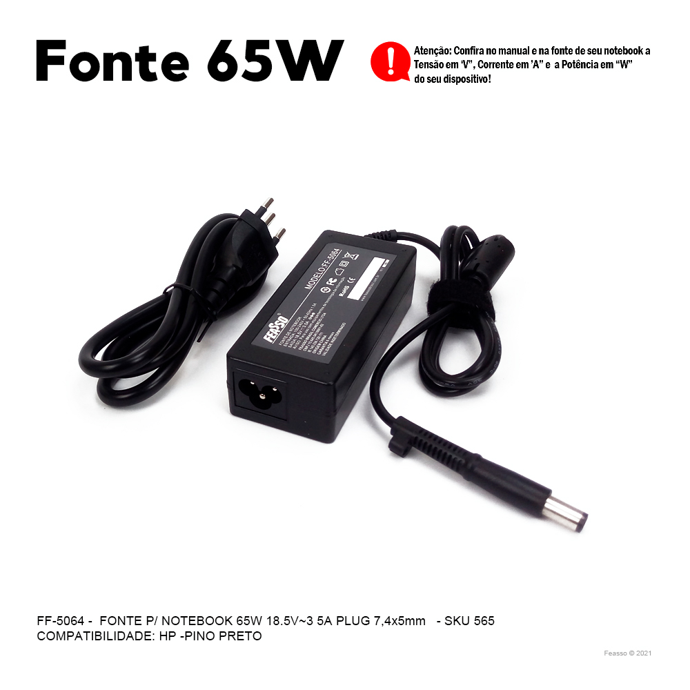 FF-5064 Fonte P/ Notebook 65W 18.5V - 3.5A Plug7,4x5,0
