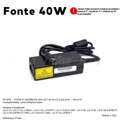 FF - 5075 Fonte P/ Notebook  40W 20V 2A plug 5,5x2,5