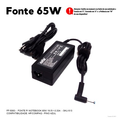 FF-5083 Fonte  P/Notebook 65W 19.5V - 3.33A Plug 4,5x3,0