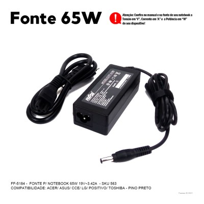 FF-5184 Fonte P/ Notebook 65W 19V -3.42A Plug5,5x2,5