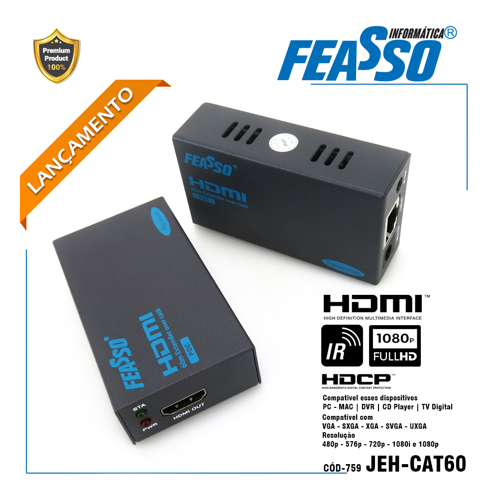 JEH-CAT60 - Extensor de sinal CAT60 HDM com IR - até 60m via cabo RJ45***
