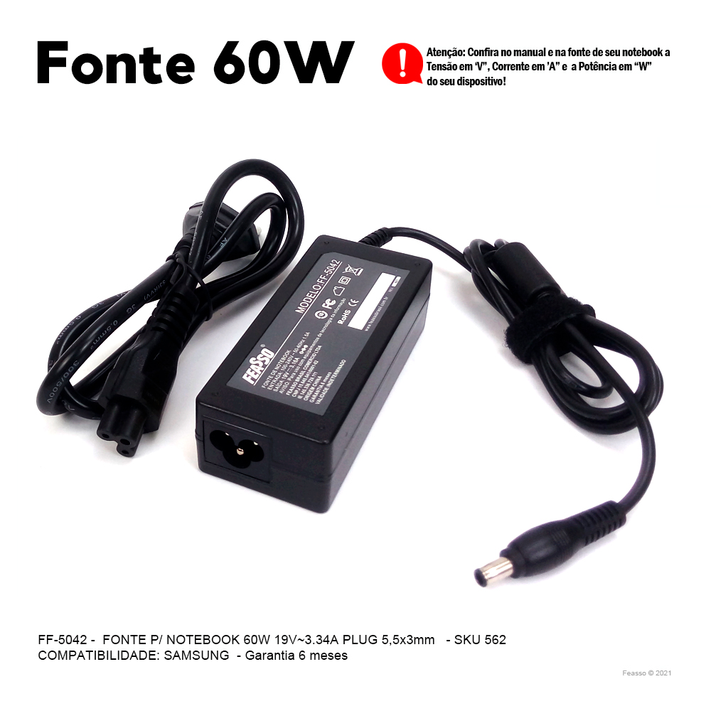 FF-5042 Fonte P/ Notebook 60W 19V - 3.16A Plug5,5x3,0***
