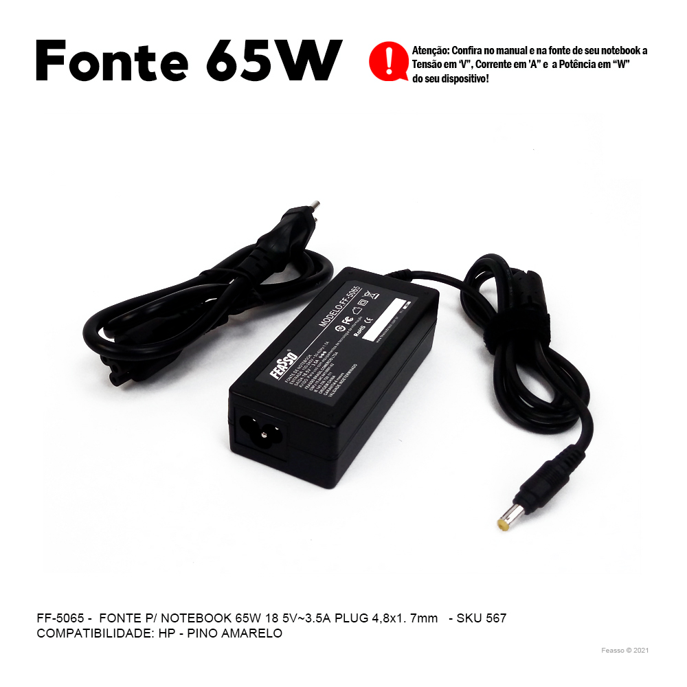 FF-5065 Fonte P/ Notebook 65W 18.5V -  3.5A Plug4,8x1,7***