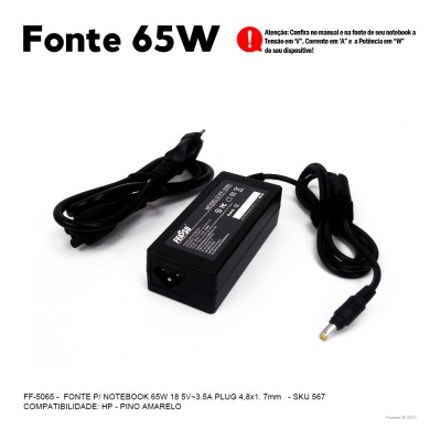 FF-5065 Fonte P/ Notebook 65W 18.5V -  3.5A Plug4,8x1,7***