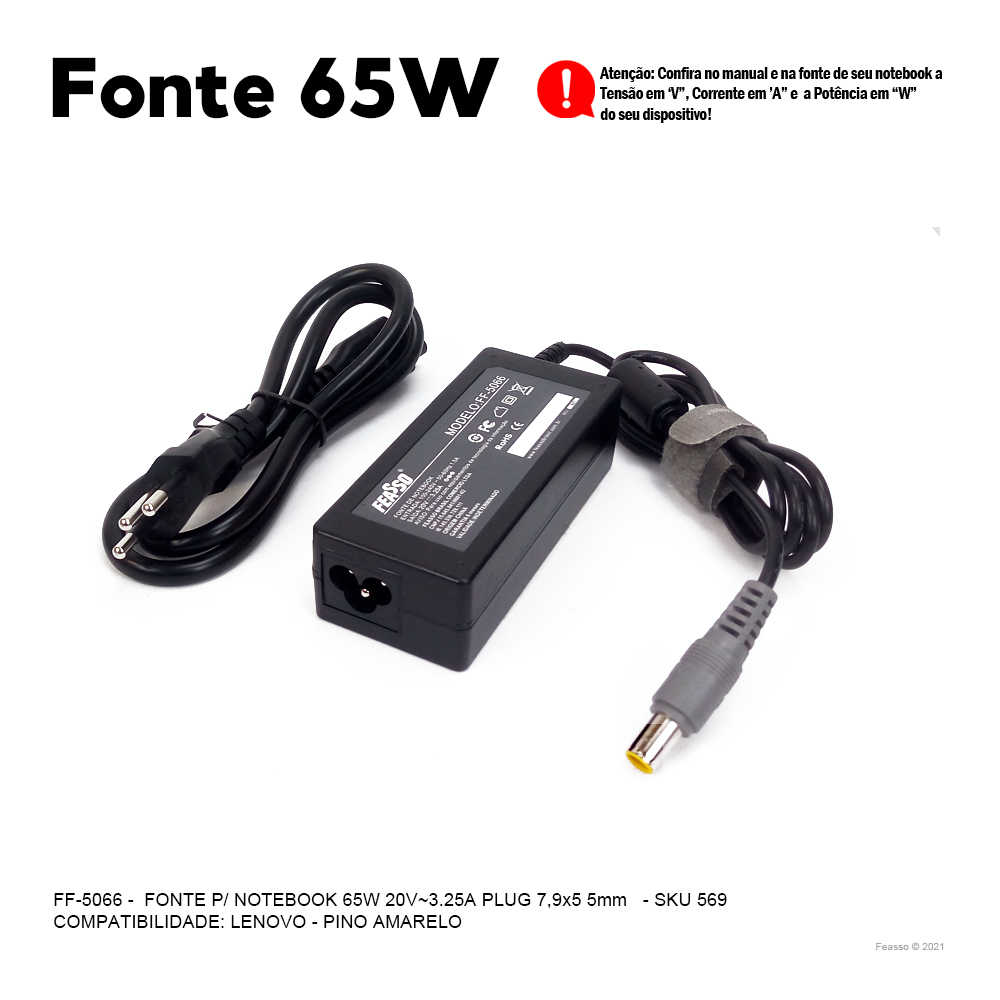 FF-5066 Fonte P/ Notebook 65W 20V - 3.25A Plug7,9x5,5***