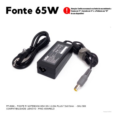 FF-5066 Fonte P/ Notebook 65W 20V - 3.25A Plug7,9x5,5***