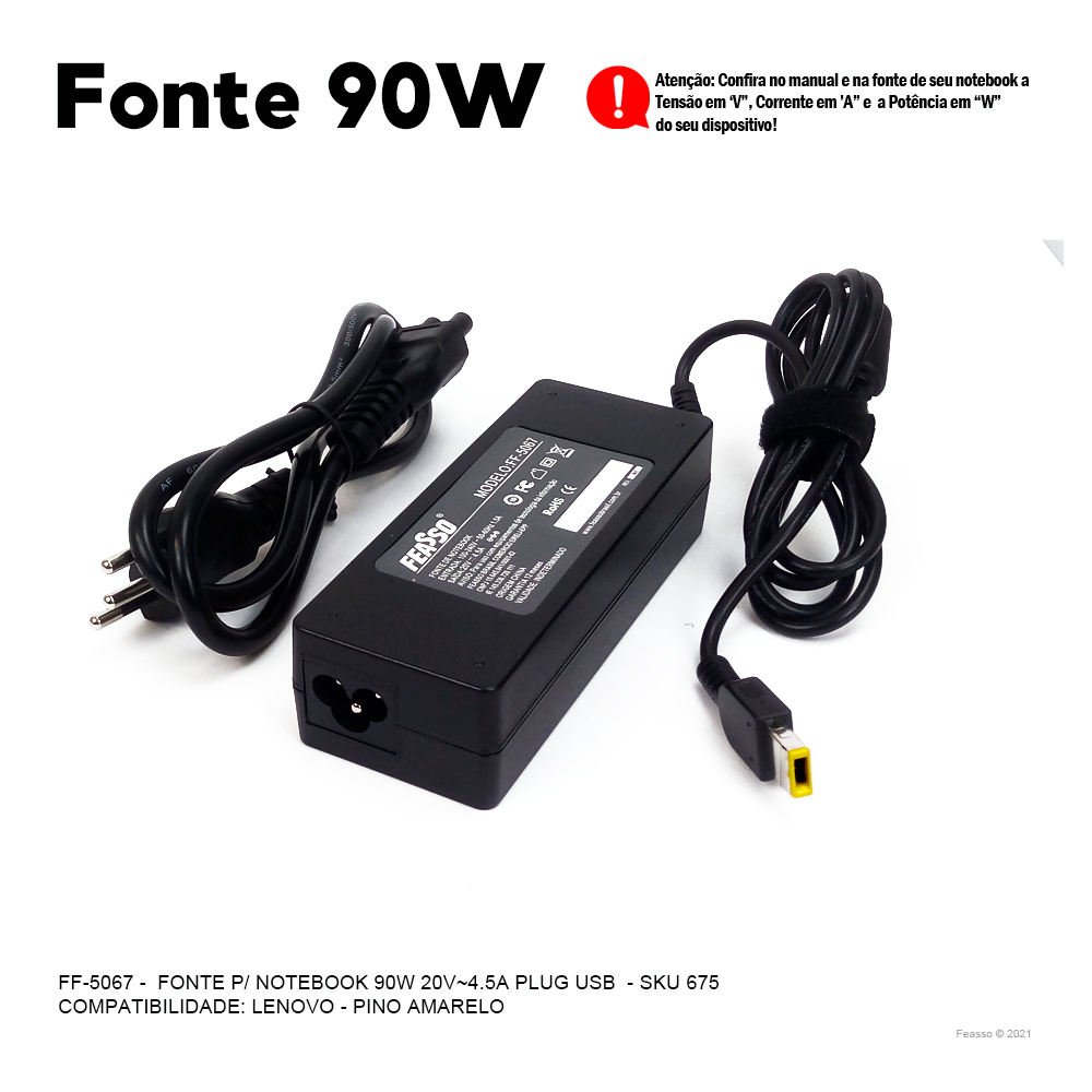 FF-5067 Fonte P/ Notebook 90W  - 20V 3.25~4A Plug Retangular***
