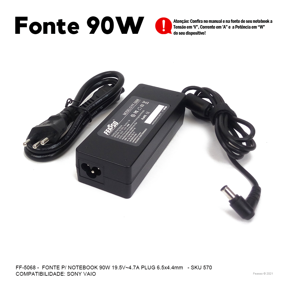FF -5068 Fonte P/ Notebook 90W 19.5V - 4.7A Plug6,5x4,4***