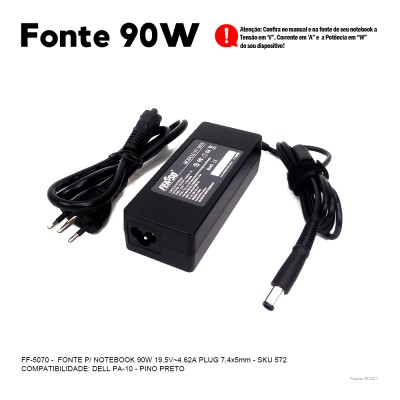 FF-5070 Fonte P/ Notebook 90W 19.5V -  4.62A  Pug7,4x5,0***
