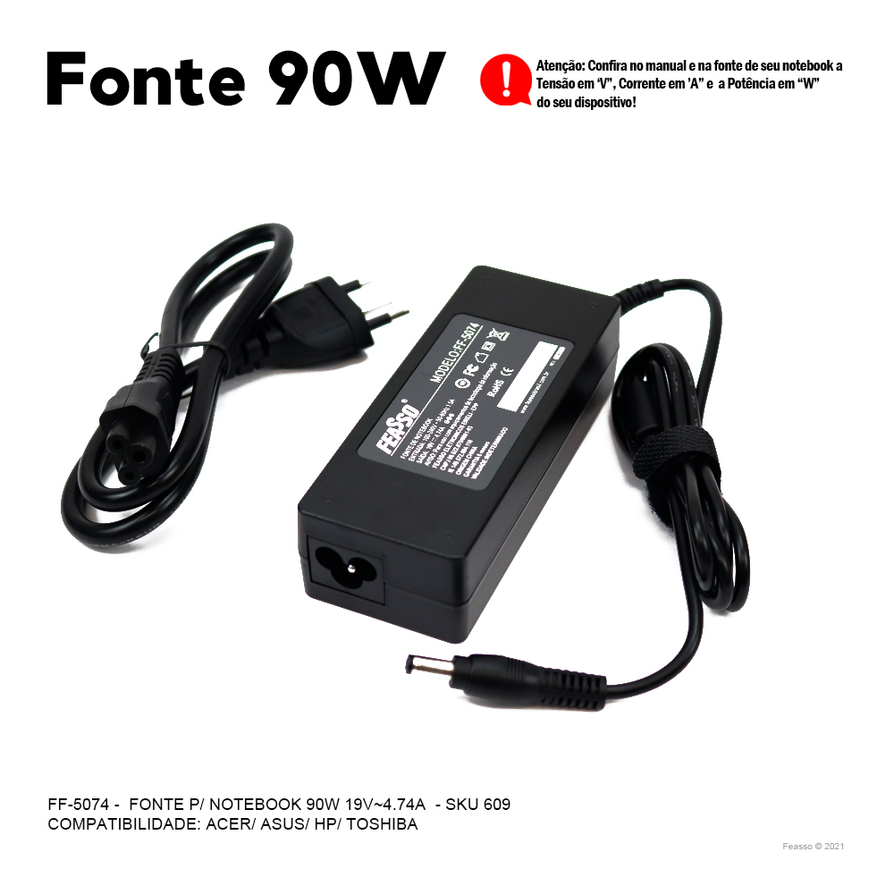 FF-5074 Fonte P/ Notebook 90W 19V - 4.74A Plug 5,5x2,5***