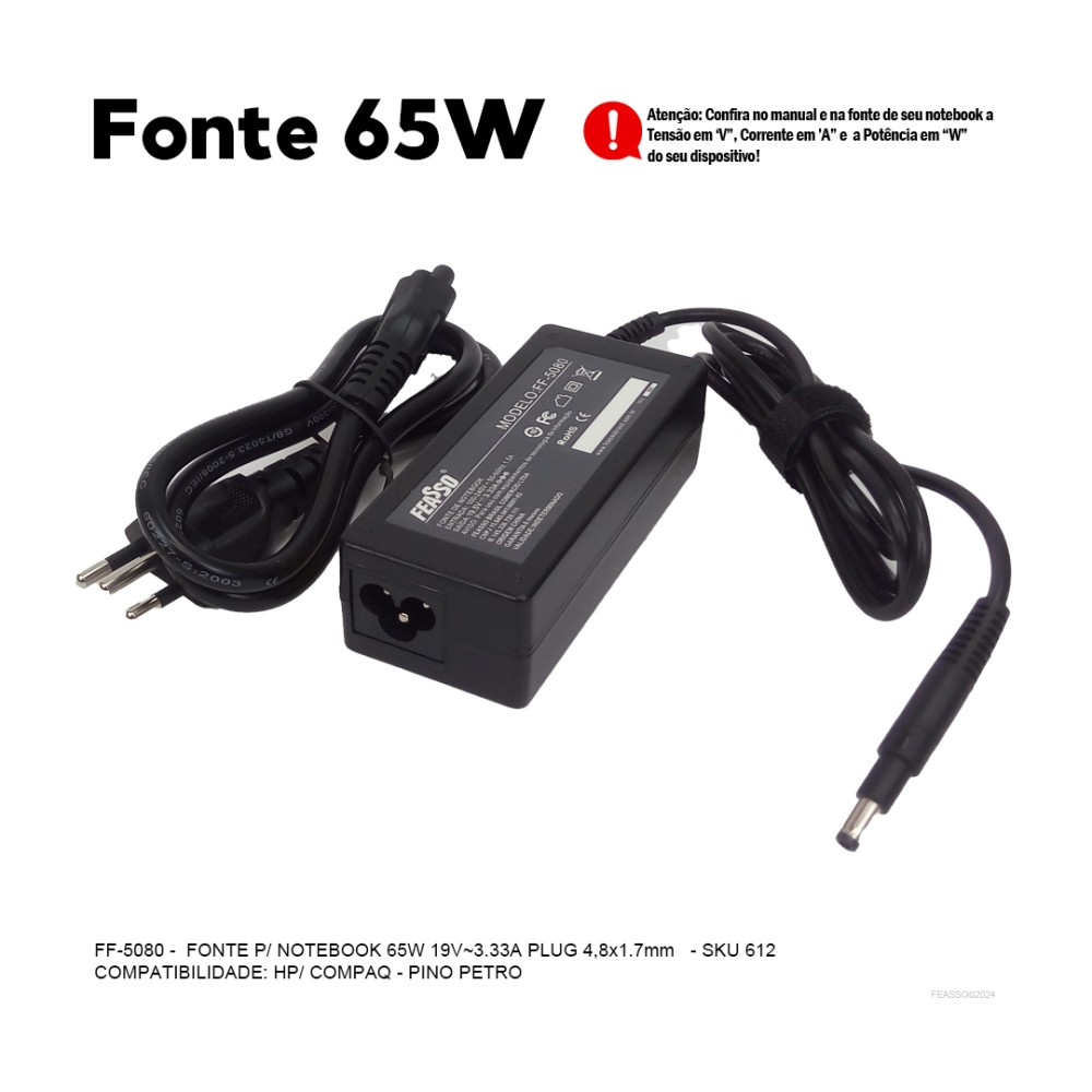 FF-5080 Fonte P/Notebook 65W 19.5V - 3.33A  Plug 4,8x1,7***