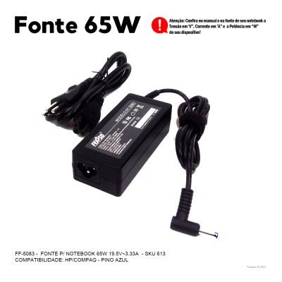 FF-5083 Fonte  P/Notebook 65W 19.5V - 3.33A Plug 4,5x3,0***