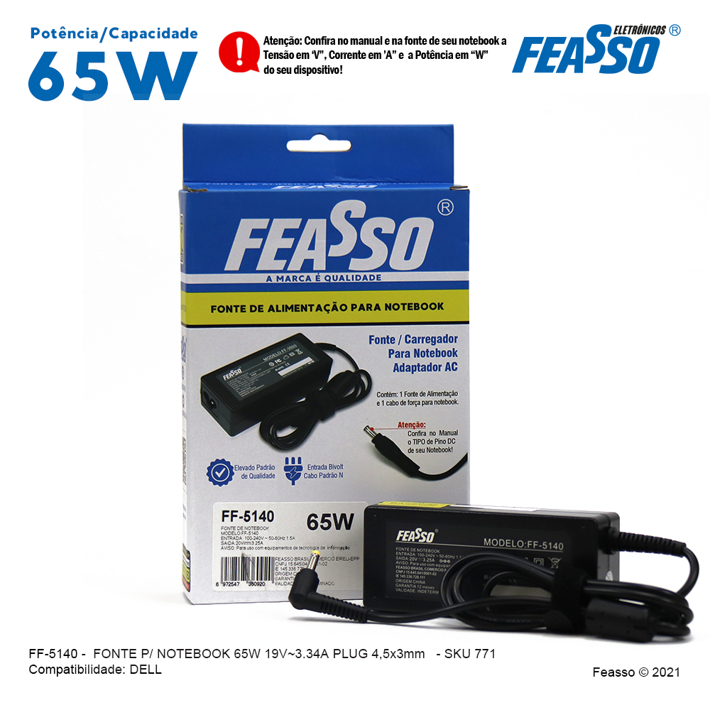 FF-5140 - FONTE  P/ NOTEBOOK 65W 20V 3.25A PLUG4,0X1.7***