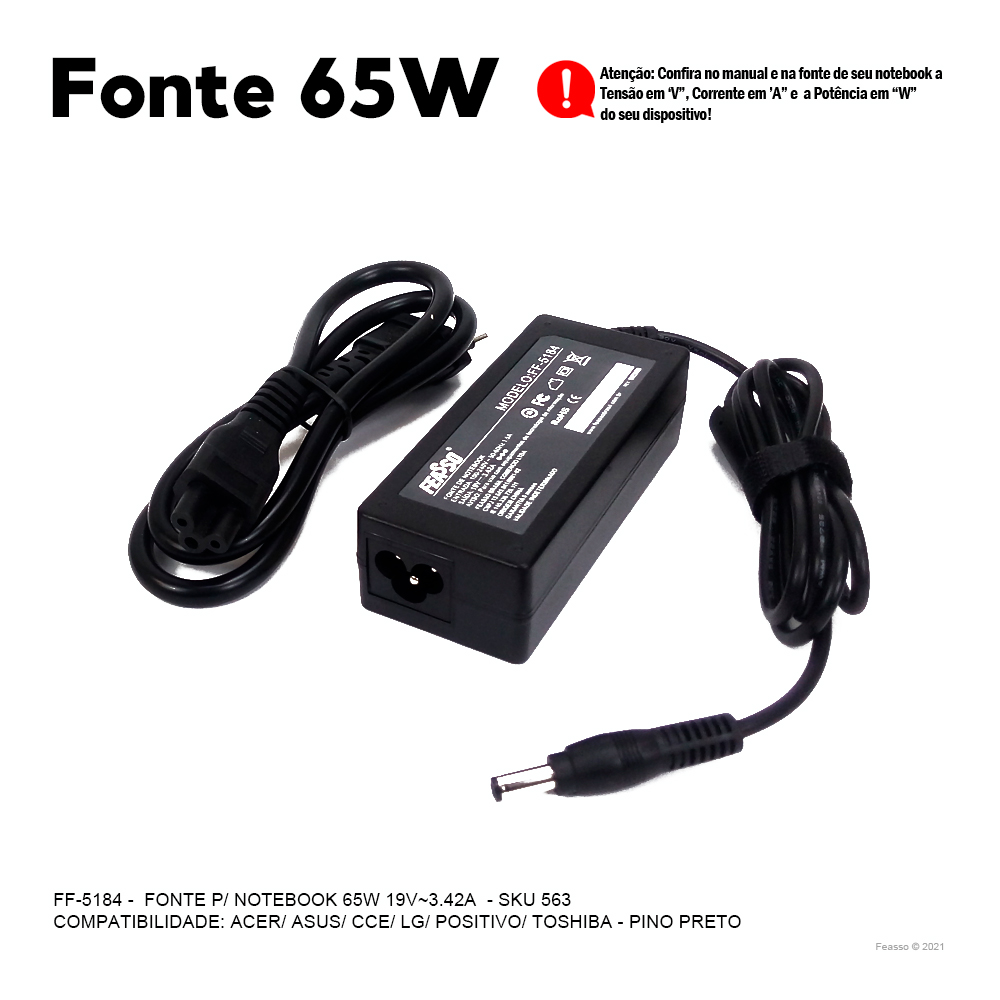 FF-5184 Fonte P/ Notebook 65W 19V -3.42A Plug5,5x2,5***
