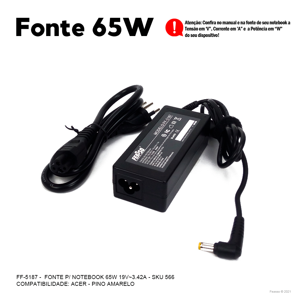 FF-5187 Fonte P/ Notebook 65W 19V - 3.42A  Plug 5,5x1,7***
