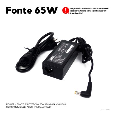 FF-5187 Fonte P/ Notebook 65W 19V - 3.42A  Plug 5,5x1,7***