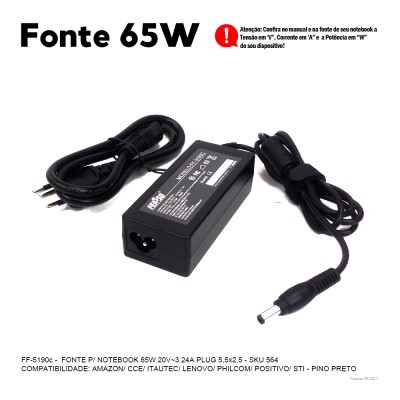 FF-5190C Fonte P/ Notebook 65W 20V - 3.25A Plug 5,5x2,5***