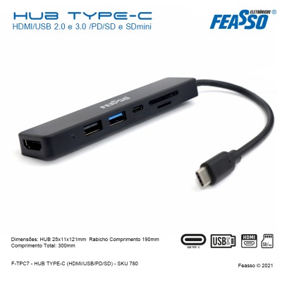 F-TPC7 HUB TYPE-C HDMI/USB 2.0 e 3.0 PD/SD e SDmini***